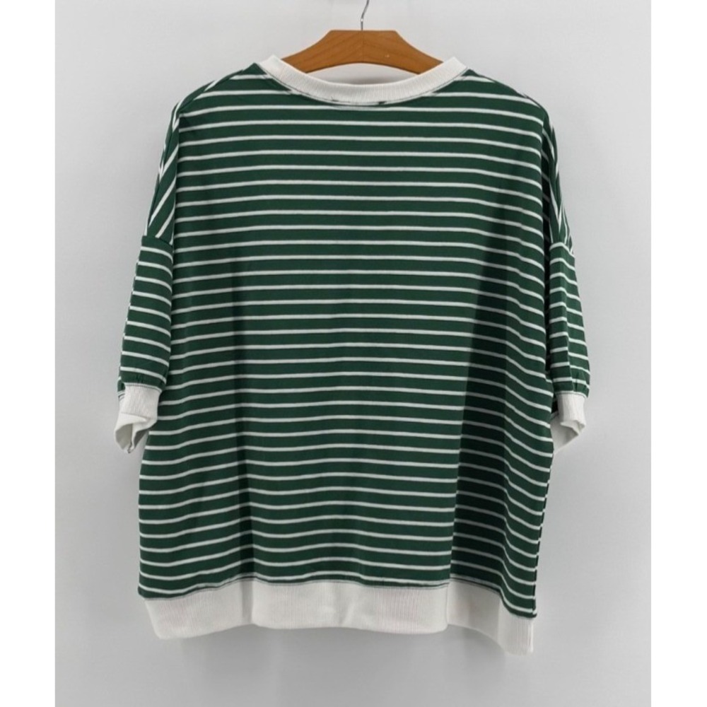 Cotton Zenana Women's Oversized Striped T Shirt Green White Short Sleeve 1X NWOT - Picture 3 of 9